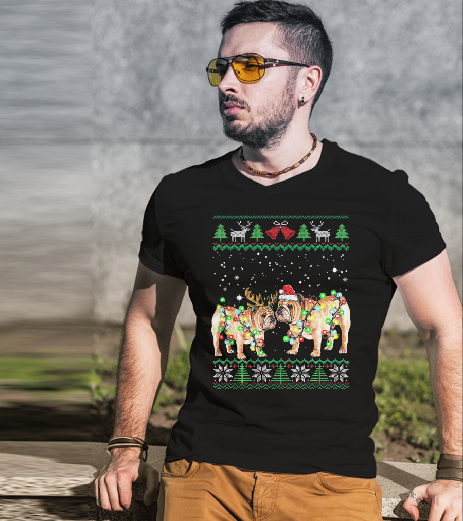 Bulldog Ugly Christmas Sweater With Santa Hat And Reindeer Antlers T-Shirt