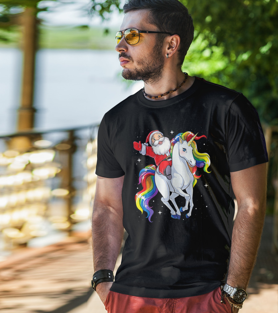 Santa Riding Magical Rainbow Unicorn T-Shirt