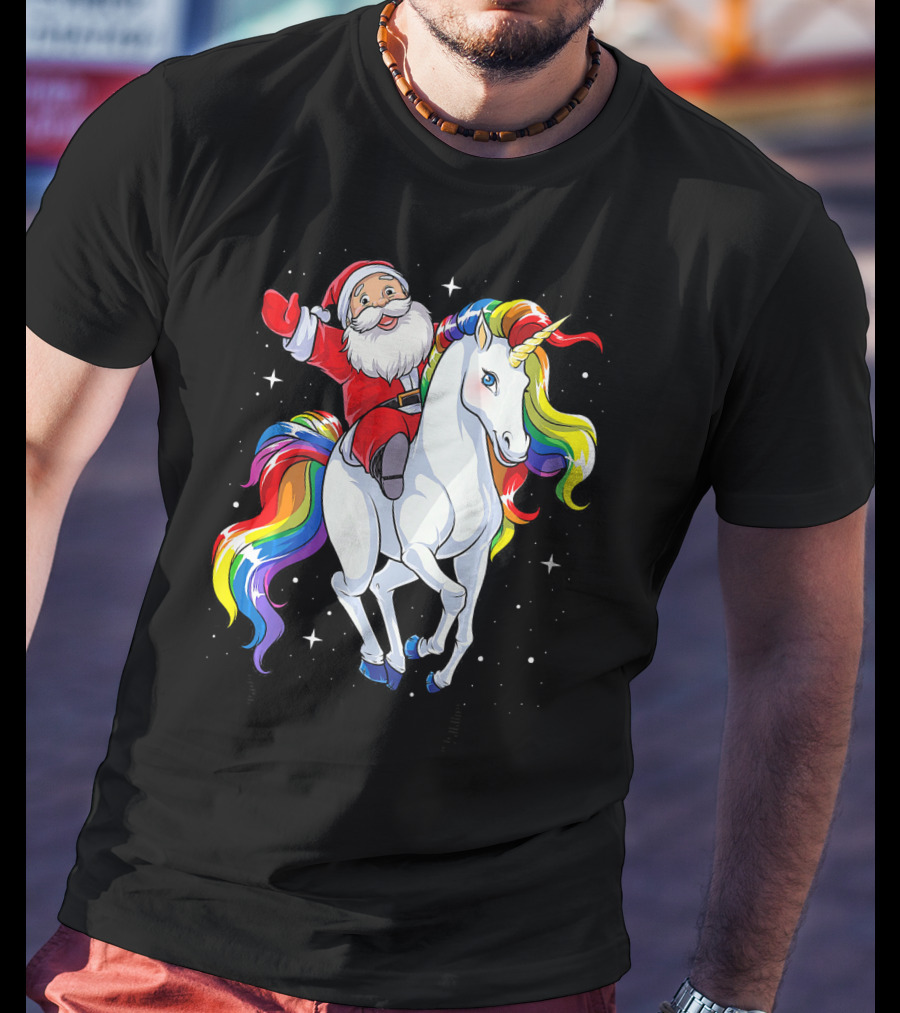 Santa Riding Magical Rainbow Unicorn T-Shirt