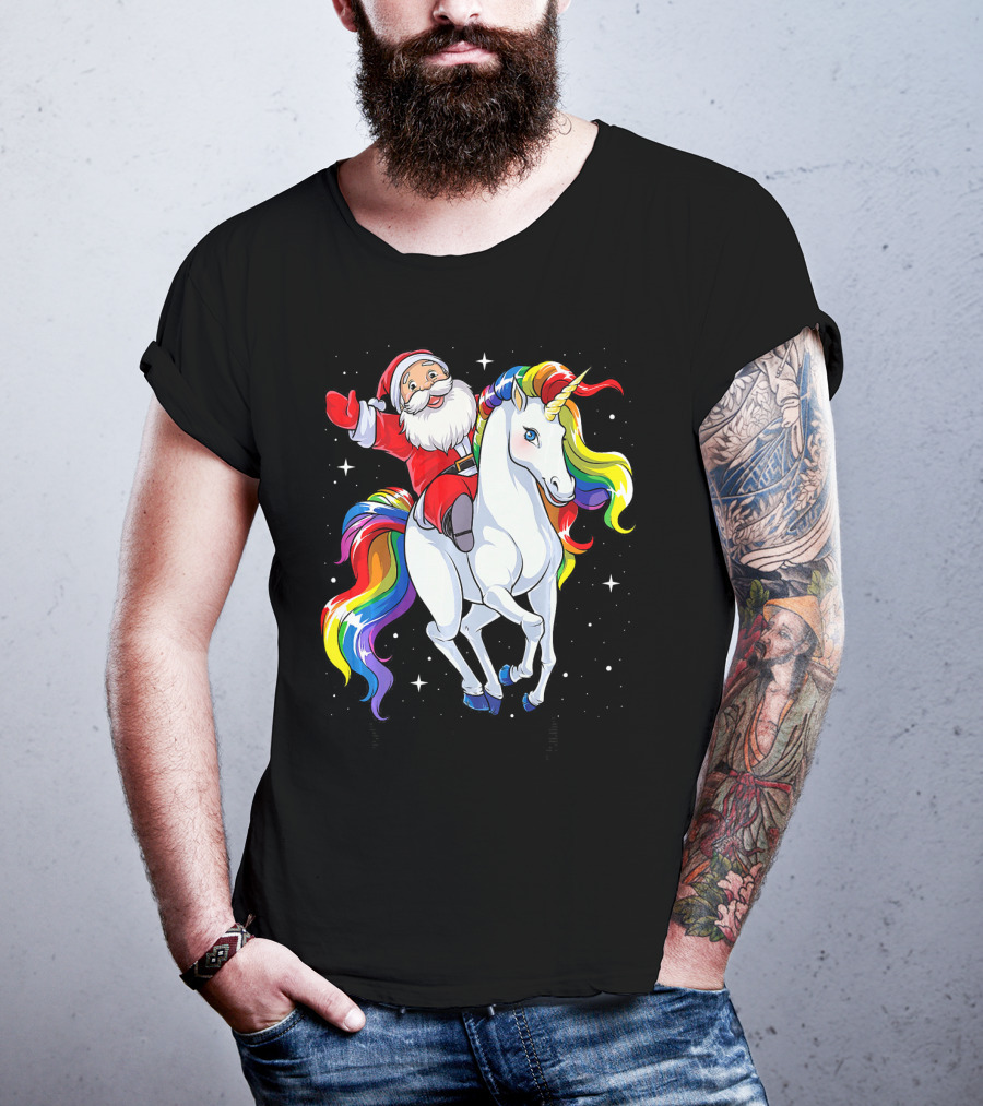 Santa Riding Magical Rainbow Unicorn T-Shirt