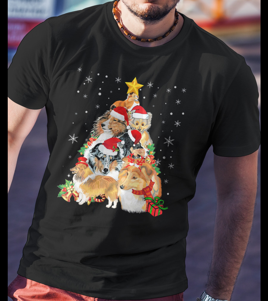 Sheltie Dogs In Santa Hats Forming Christmas Tree With Stars And Gifts T-Shirt