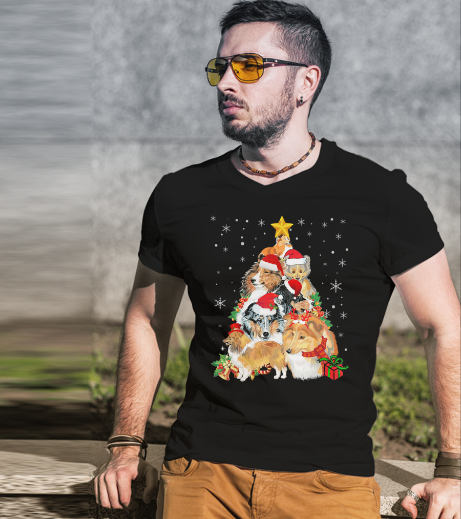 Sheltie Dogs In Santa Hats Forming Christmas Tree With Stars And Gifts T-Shirt