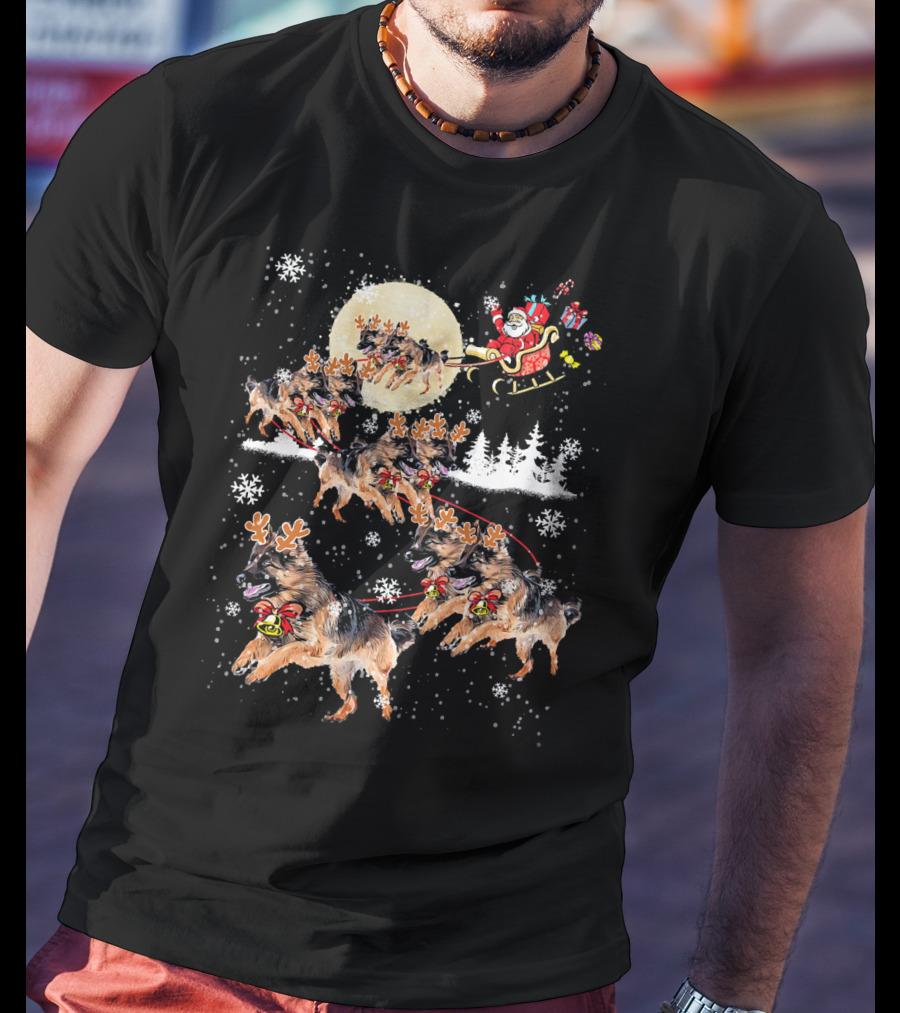 German Shepherd Dog Merry Santa Sleigh Christmas Snowflakes T-Shirt