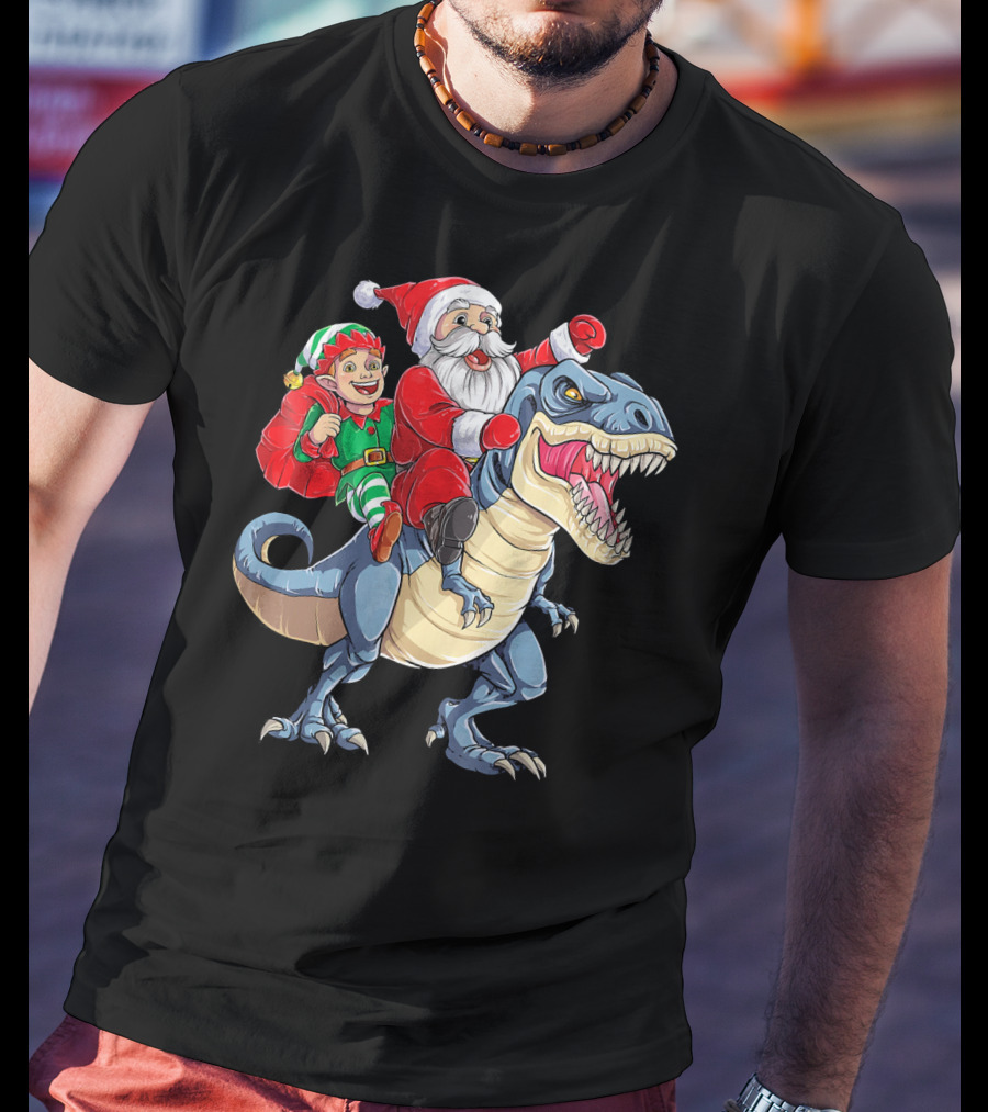 Santa Elf Riding Dinosaur Christmas Boys T-Shirt