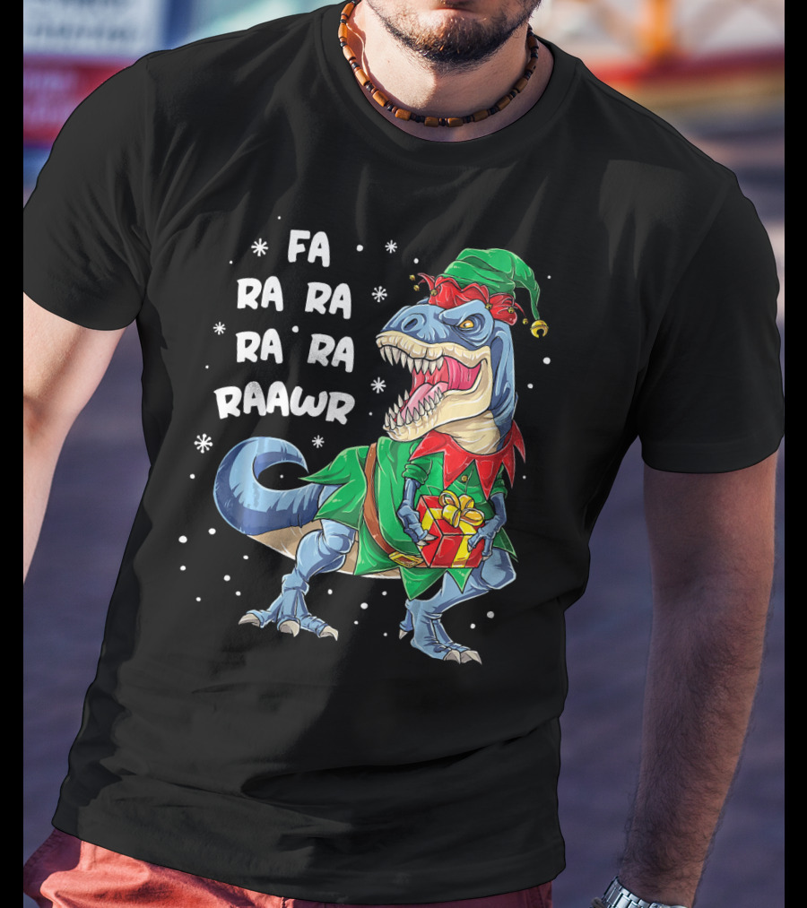 Fa Ra Ra Ra Ra Rawr Dinosaur Christmas Elf With Gift T-Shirt
