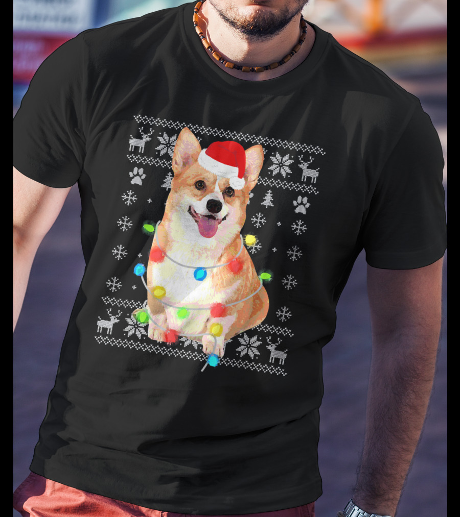 Corgi UglyStyle Christmas Lights Snowflakes Reindeer Dog T-Shirt