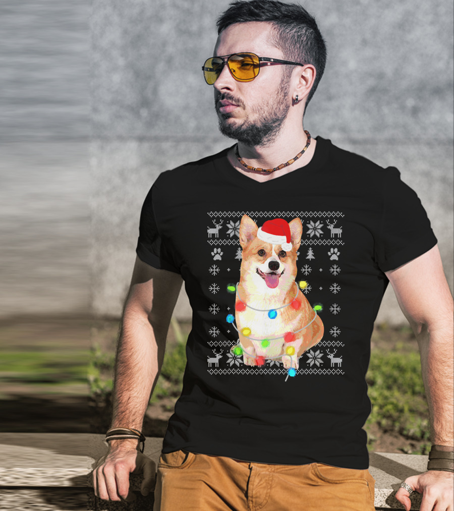 Corgi UglyStyle Christmas Lights Snowflakes Reindeer Dog T-Shirt
