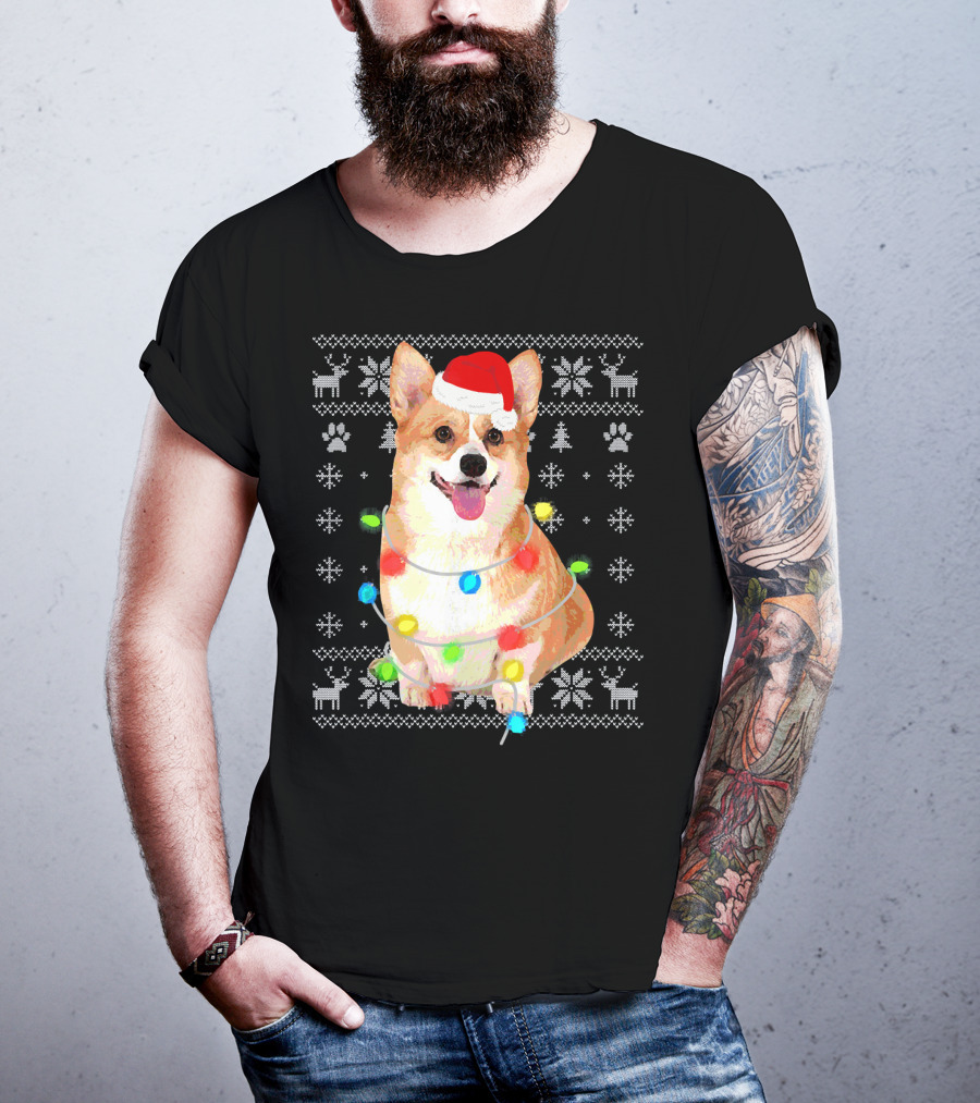 Corgi UglyStyle Christmas Lights Snowflakes Reindeer Dog T-Shirt