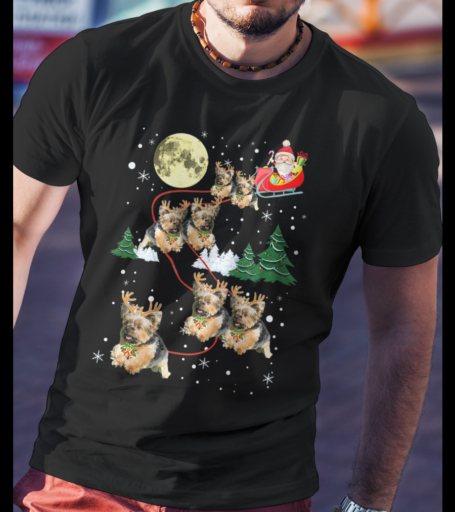 Funny Yorkie Christmas Santa Sleigh With Reindeer Puppies T-Shirt