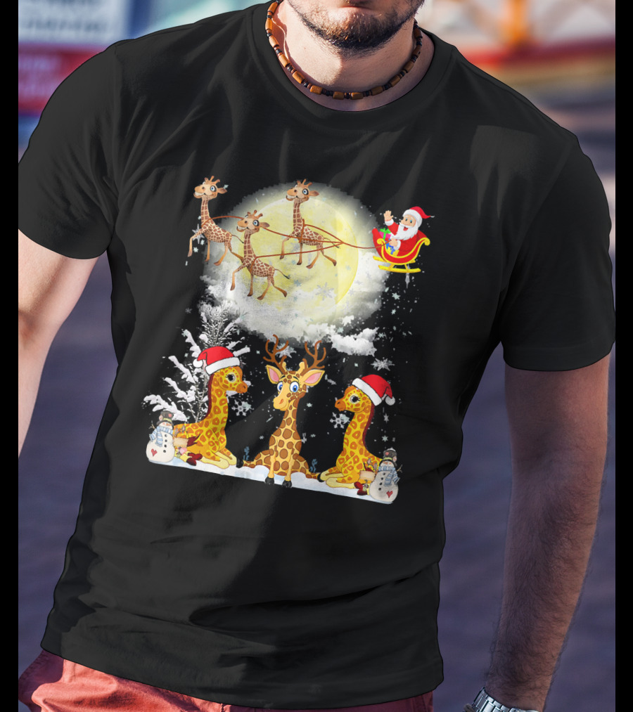 Santa's Sleigh Giraffes Christmas Moon Snowy Night Scene T-Shirt