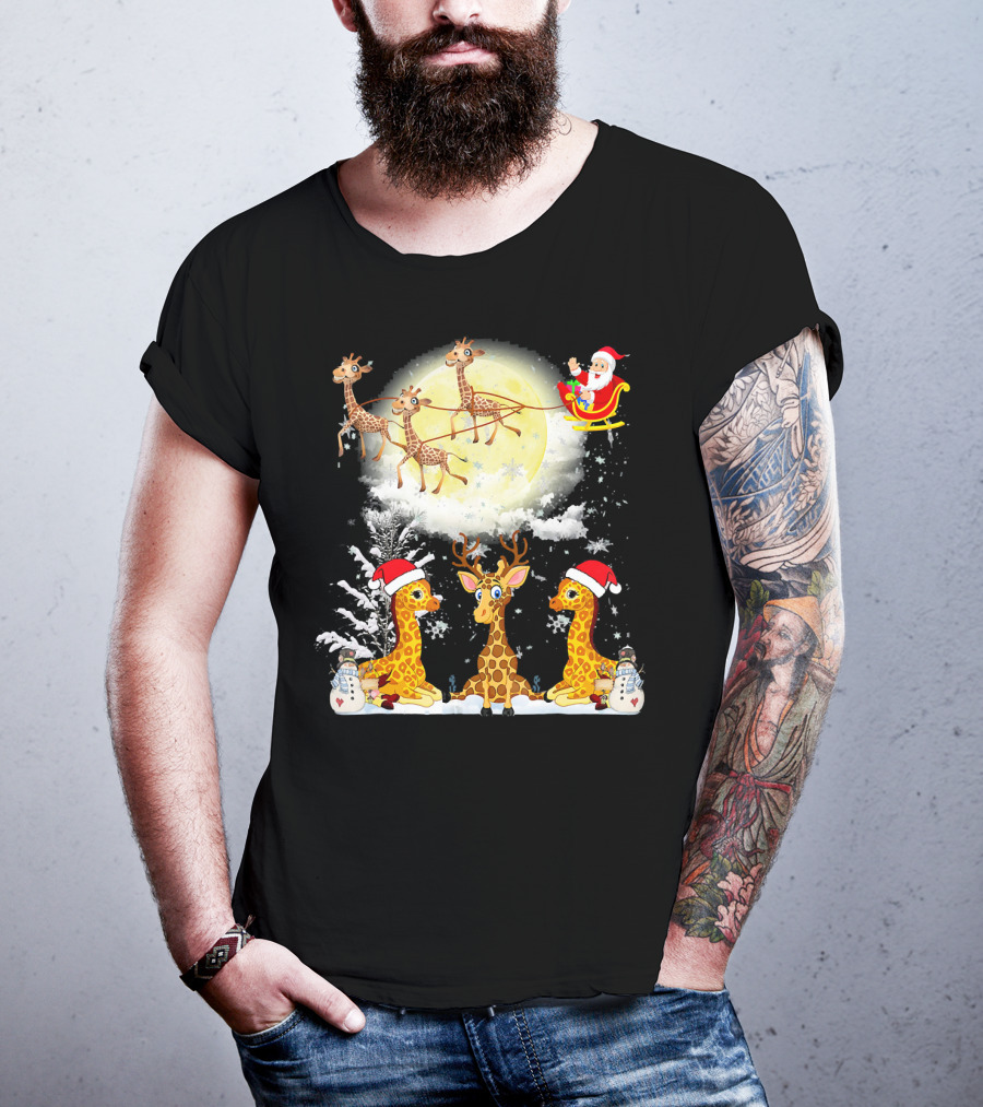 Santa's Sleigh Giraffes Christmas Moon Snowy Night Scene T-Shirt