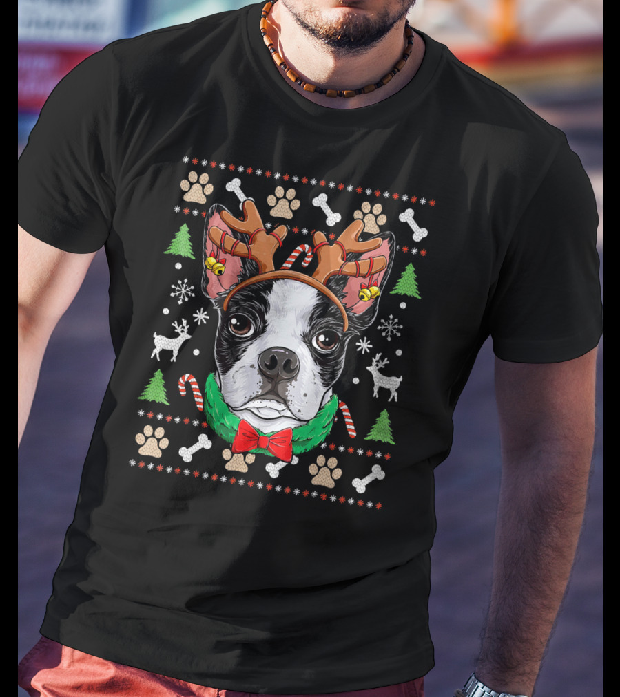 Boston Terrier Christmas Reindeer Antlers Candy Canes Snowflakes Paw Prints T-Shirt
