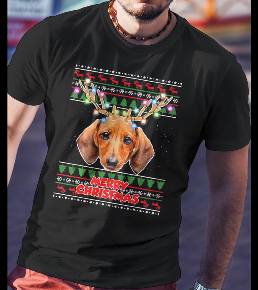Merry Christmas Dachshund With Antler Ugly T-Shirt