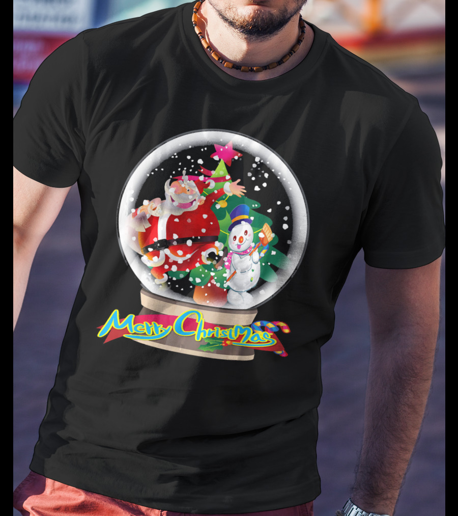 Merry Christmas Snow Globe Santa And Snowman Fun T-Shirt