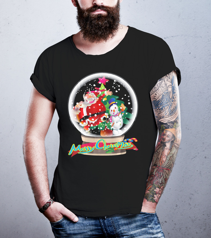 Merry Christmas Snow Globe Santa And Snowman Fun T-Shirt