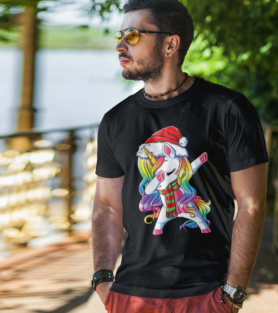 Dabbing Unicorn In Santa Hat With Rainbow Mane And Scarf For Christmas Girls T-Shirt