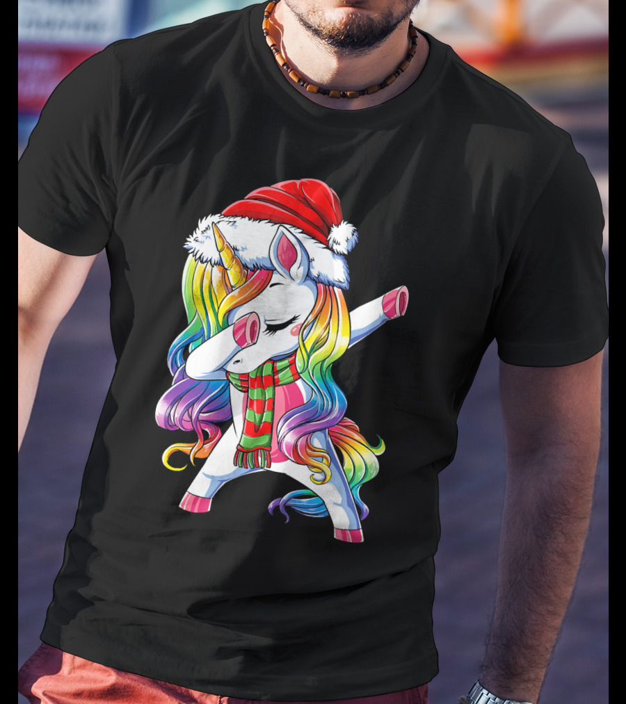 Dabbing Unicorn In Santa Hat With Rainbow Mane And Scarf For Christmas Girls T-Shirt