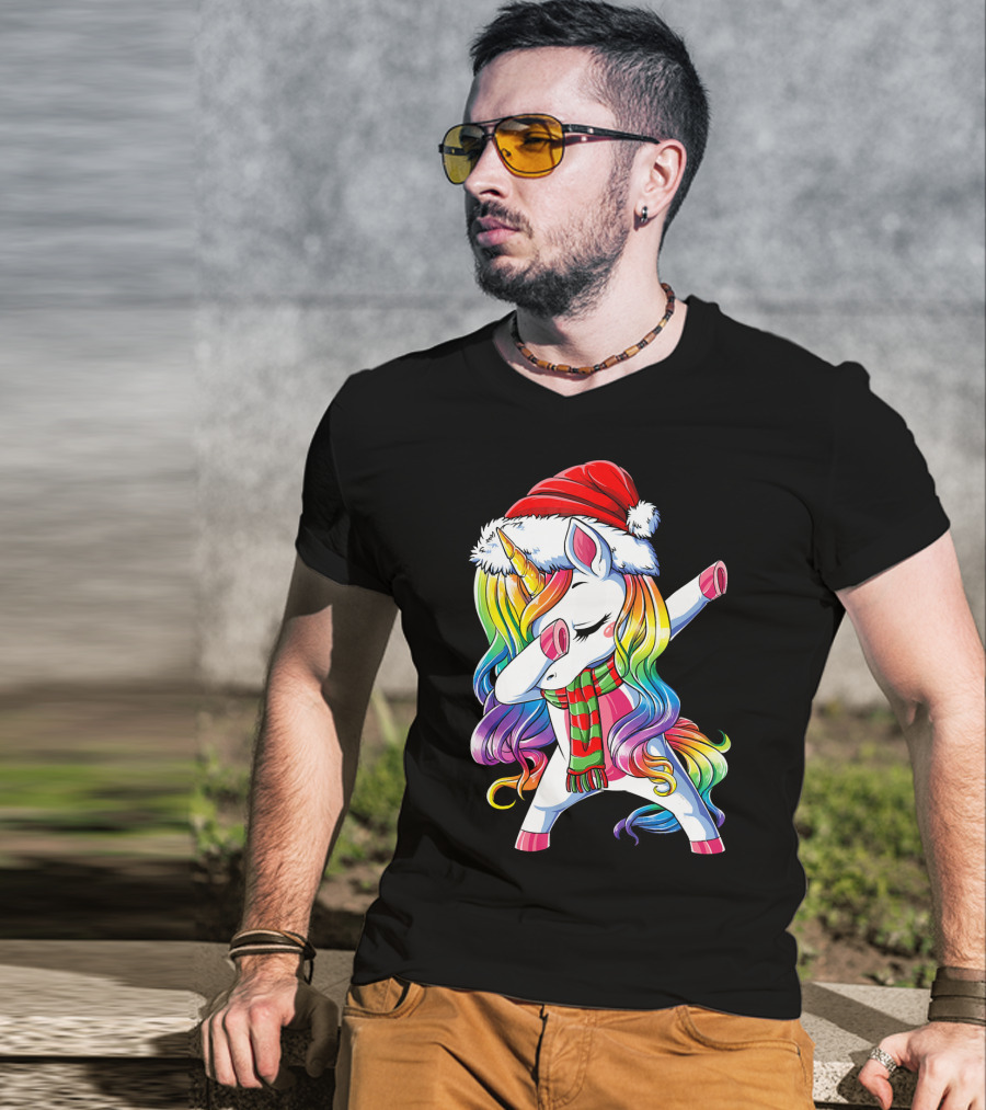 Dabbing Unicorn In Santa Hat With Rainbow Mane And Scarf For Christmas Girls T-Shirt