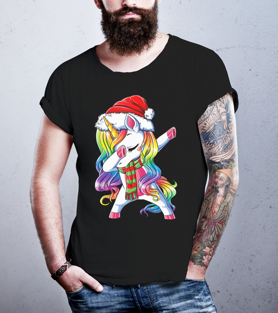Dabbing Unicorn In Santa Hat With Rainbow Mane And Scarf For Christmas Girls T-Shirt