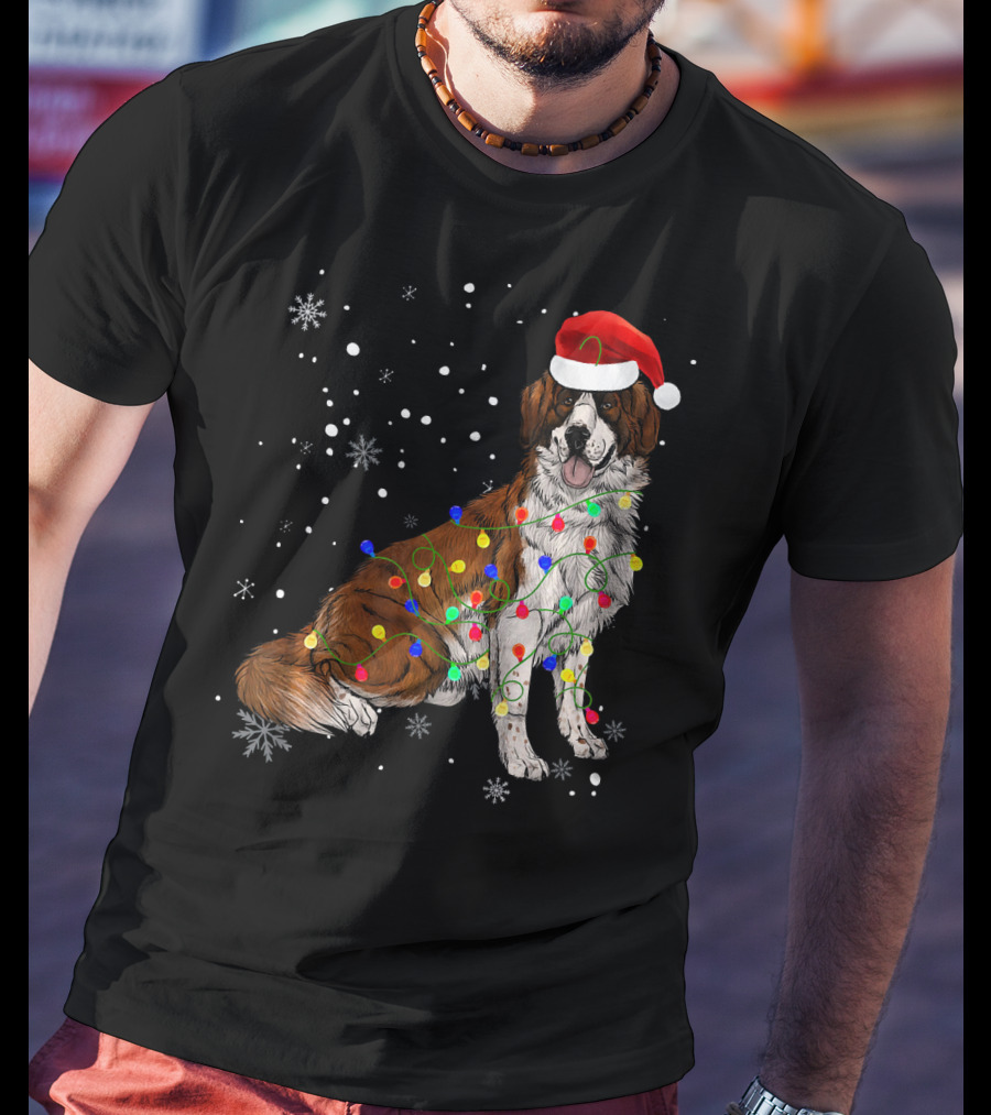 Bernard Dog Christmas Lights Santa Hat Snowflakes T-Shirt