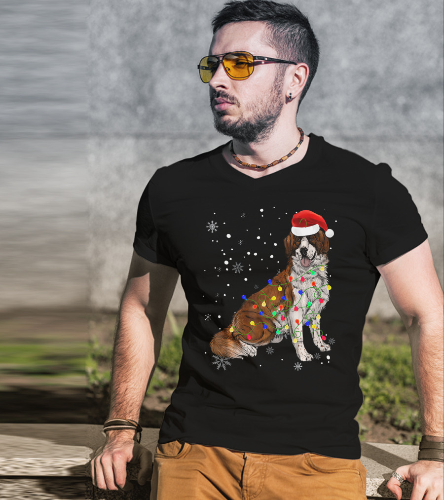 Bernard Dog Christmas Lights Santa Hat Snowflakes T-Shirt