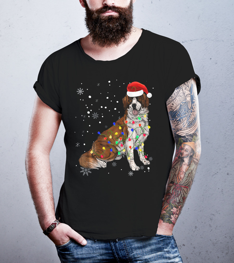 Bernard Dog Christmas Lights Santa Hat Snowflakes T-Shirt