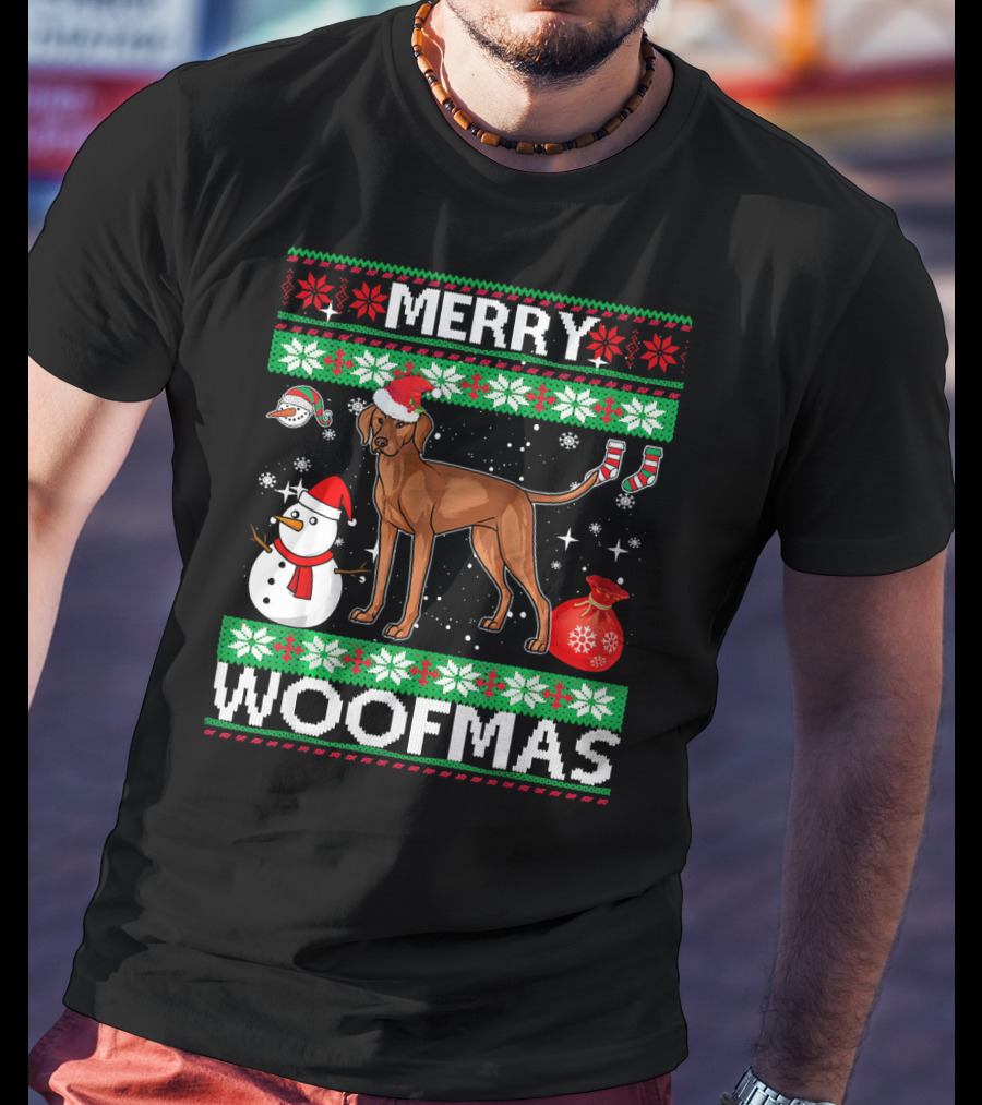 Merry Woofmas Vizsla Dog Festive Snowman Santa Hat T-Shirt