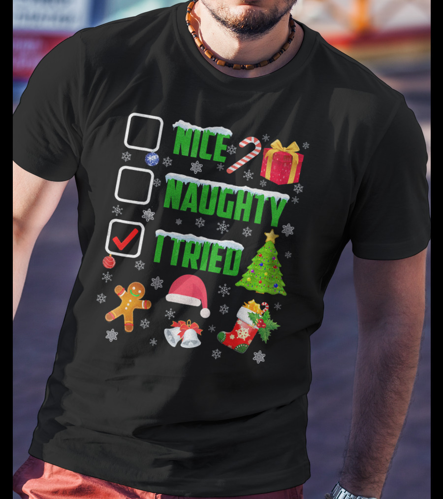 I Tried Nice Naughty Christmas Humor Candy Cane Gingerbread Santa Hat T-Shirt