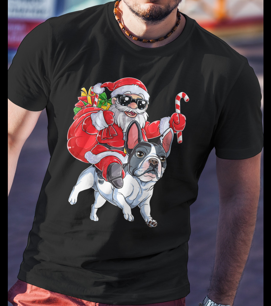 French Bulldog Christmas Santa Claus Cane Sleigh T-Shirt