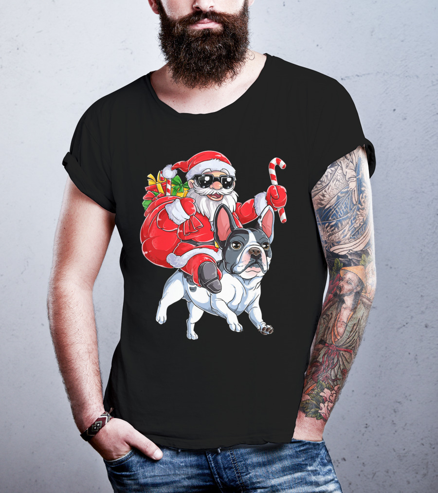 French Bulldog Christmas Santa Claus Cane Sleigh T-Shirt