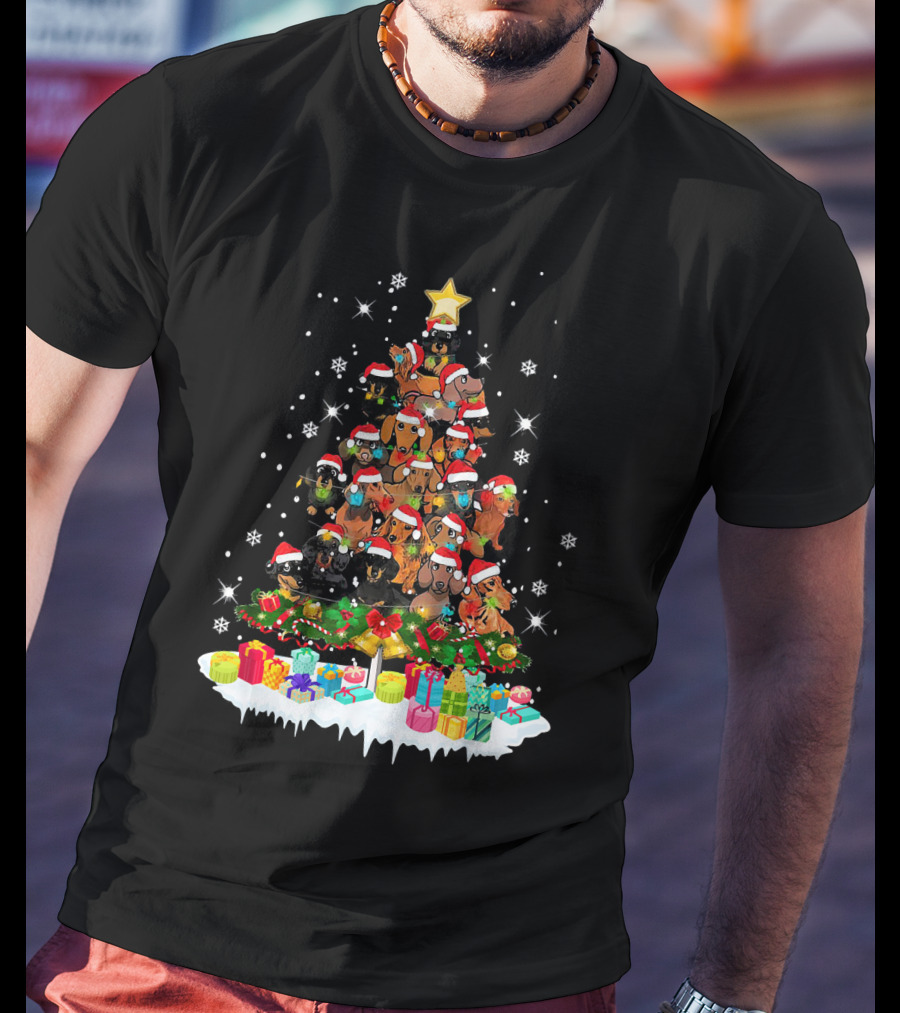 Funny Dachshund Christmas Tree With Santa Hats And Presents T-Shirt