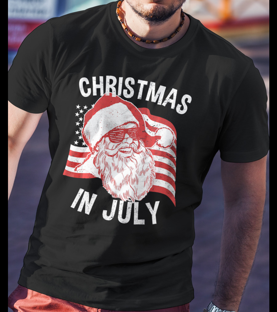 Christmas In July Retro Hipster Santa With American Flag And Shades T-Shirt