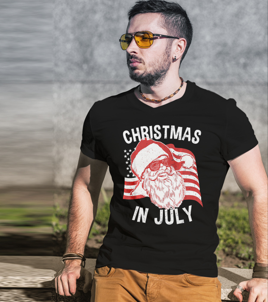 Christmas In July Retro Hipster Santa With American Flag And Shades T-Shirt