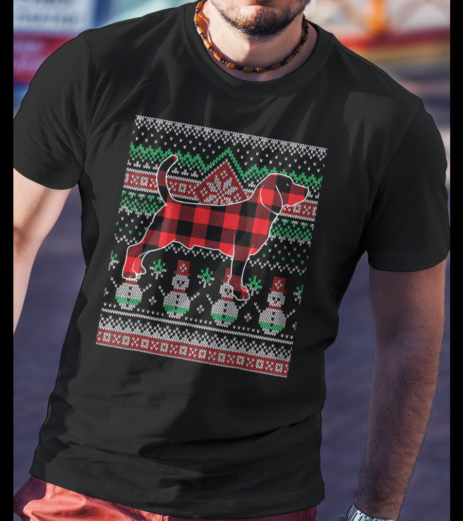 Beagle Red Plaid Christmas Dog Sweater Snowman T-Shirt