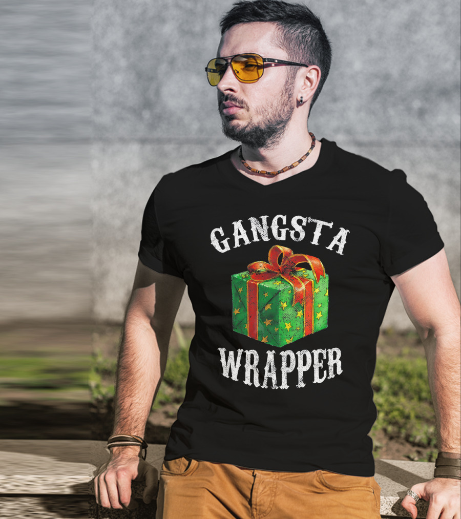 Gangsta Wrapper Green Gift Box With Red Bow And Stars T-Shirt