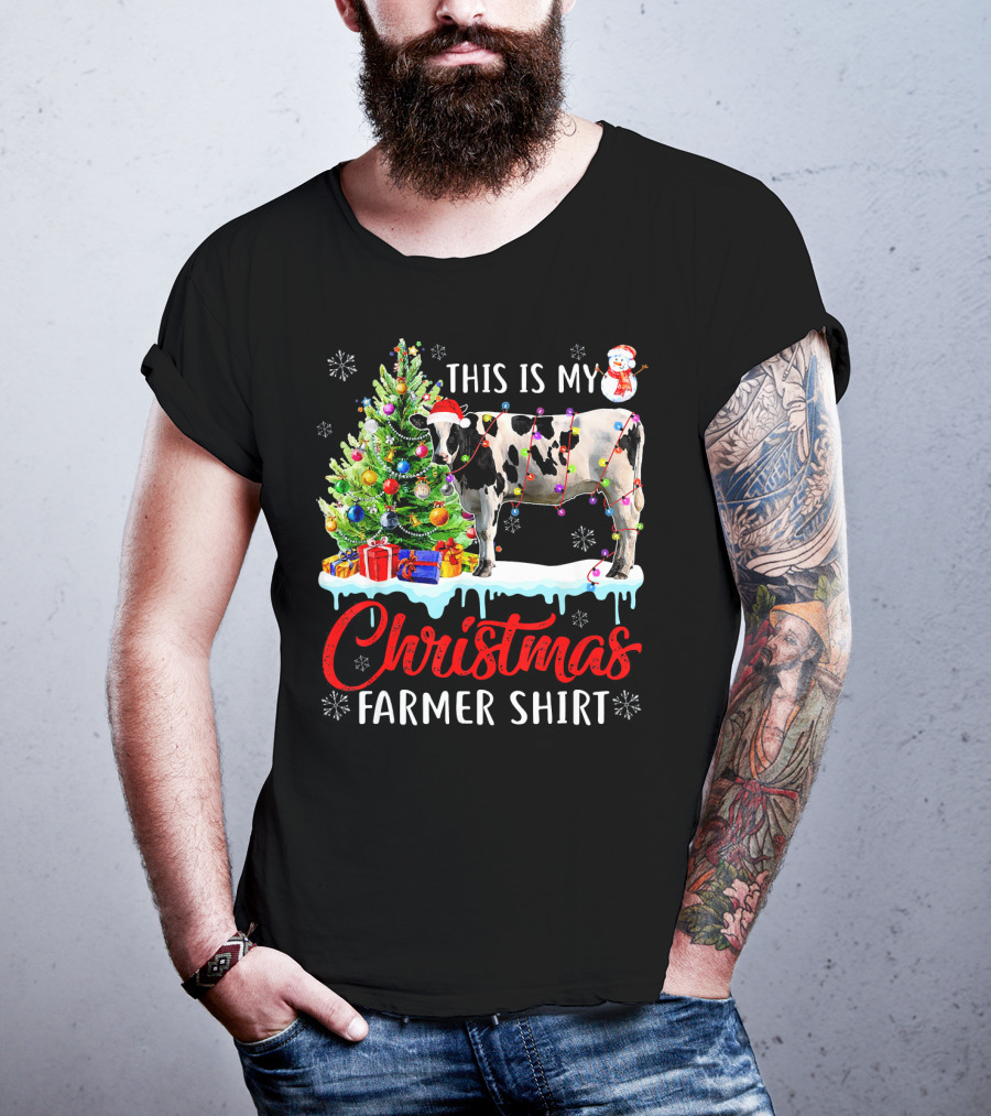 This Is My Christmas Farmer Shirt Cow Santa Hat Snowman Lights Tree T-Shirt