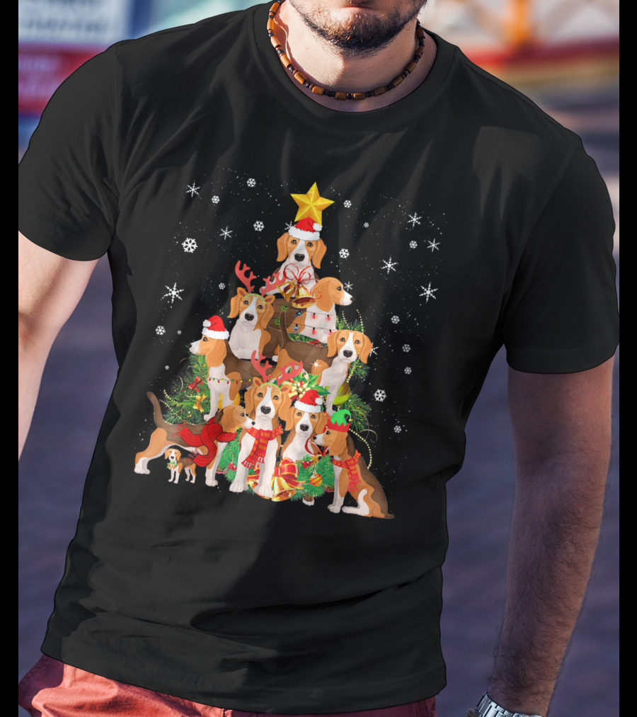 Beagles Christmas Tree With Festive Santa Hats And Reindeer Antlers T-Shirt