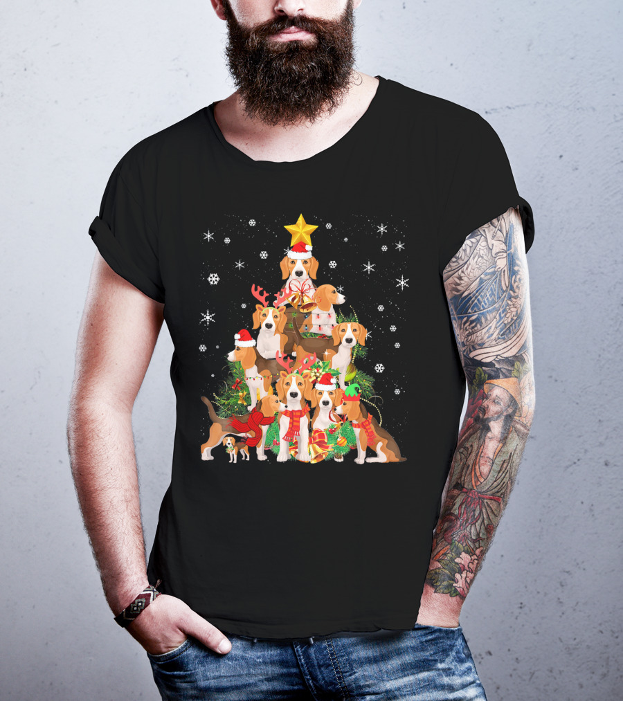 Beagles Christmas Tree With Festive Santa Hats And Reindeer Antlers T-Shirt