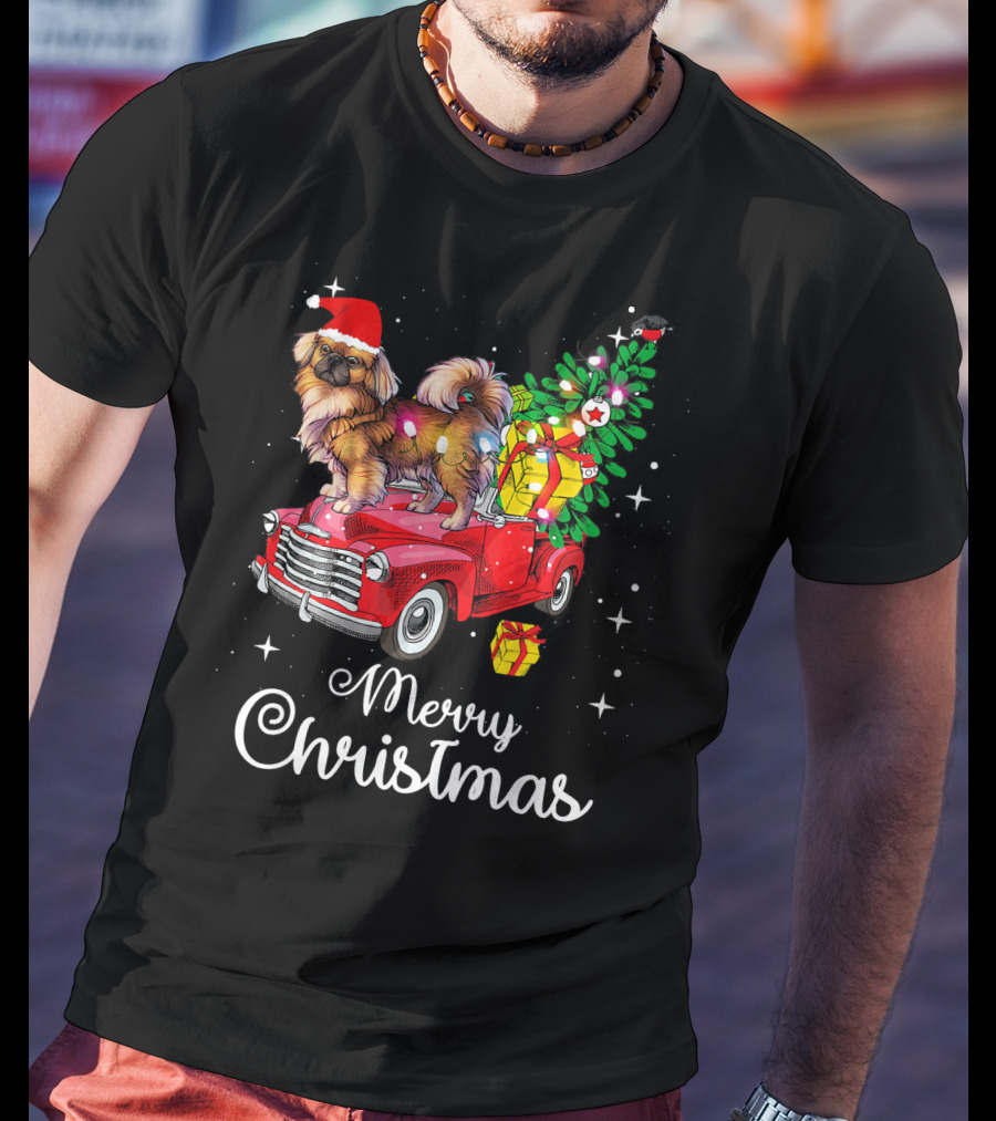 Merry Christmas Pekingese Rides Red Truck With Santa Hat And Holiday Gifts T-Shirt