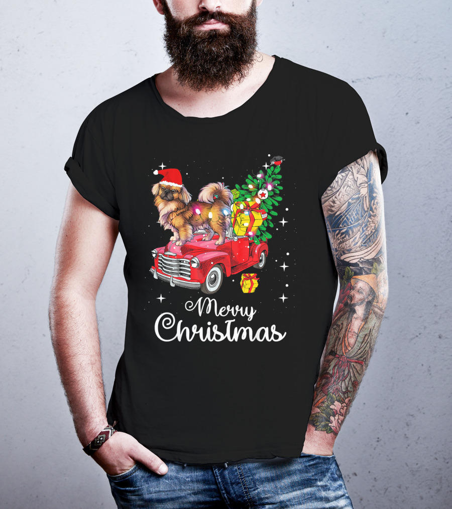 Merry Christmas Pekingese Rides Red Truck With Santa Hat And Holiday Gifts T-Shirt