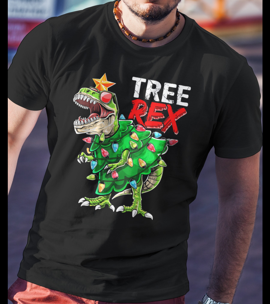 Tree Rex Dinosaur Christmas Tree With Festive Lights And Star T-Shirt