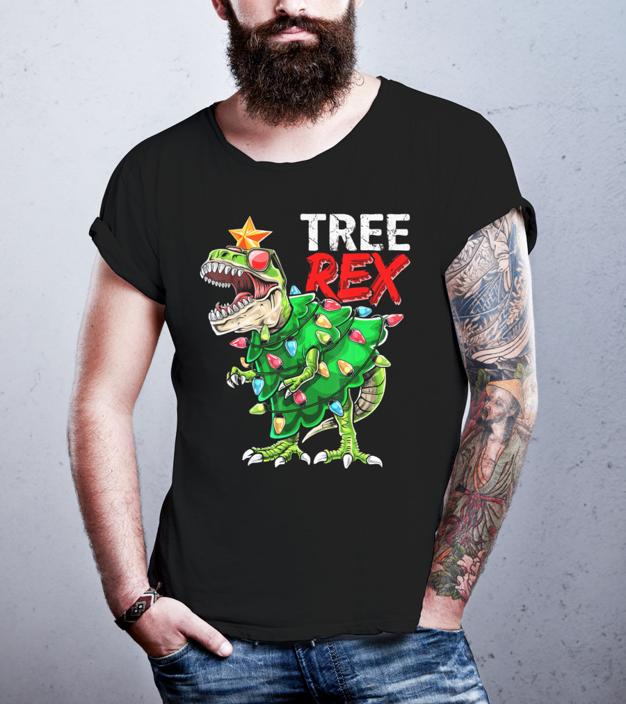 Tree Rex Dinosaur Christmas Tree With Festive Lights And Star T-Shirt