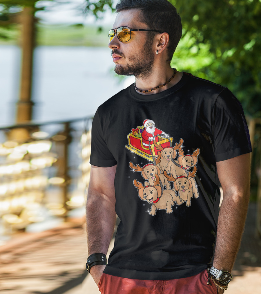 Santa Riding Sleigh With Adorable Goldendoodles As Reindeer T-Shirt
