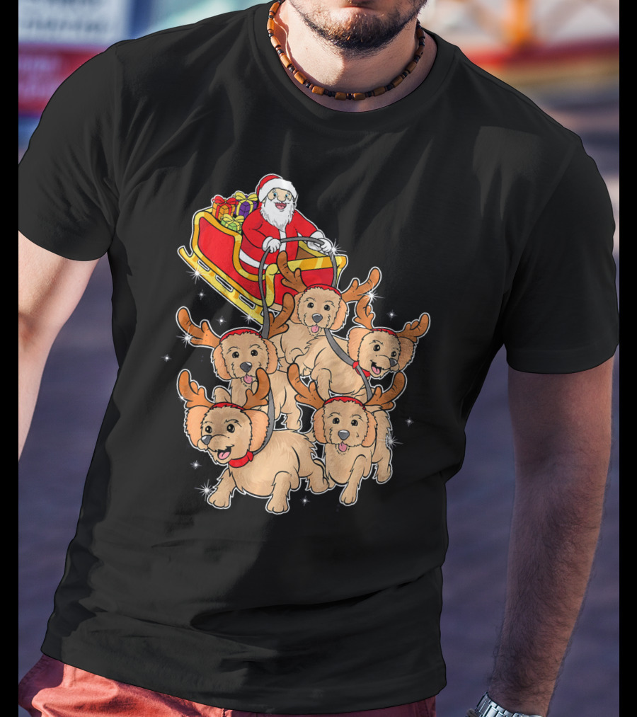 Santa Riding Sleigh With Adorable Goldendoodles As Reindeer T-Shirt
