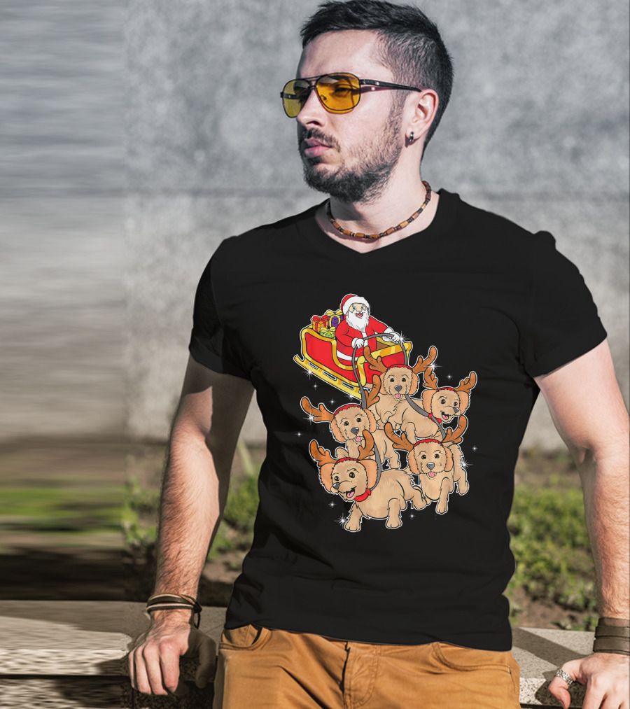 Santa Riding Sleigh With Adorable Goldendoodles As Reindeer T-Shirt