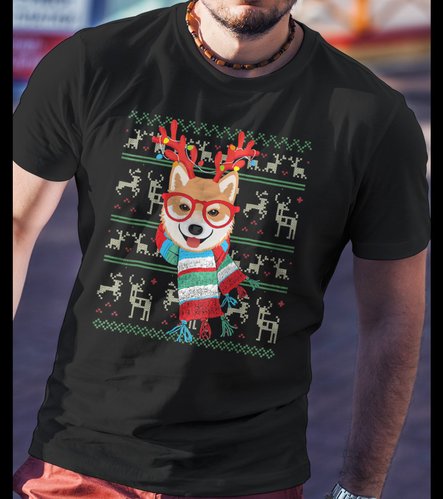 Shiba Inu With Reindeer Antlers And Festive Scarf Lights T-Shirt