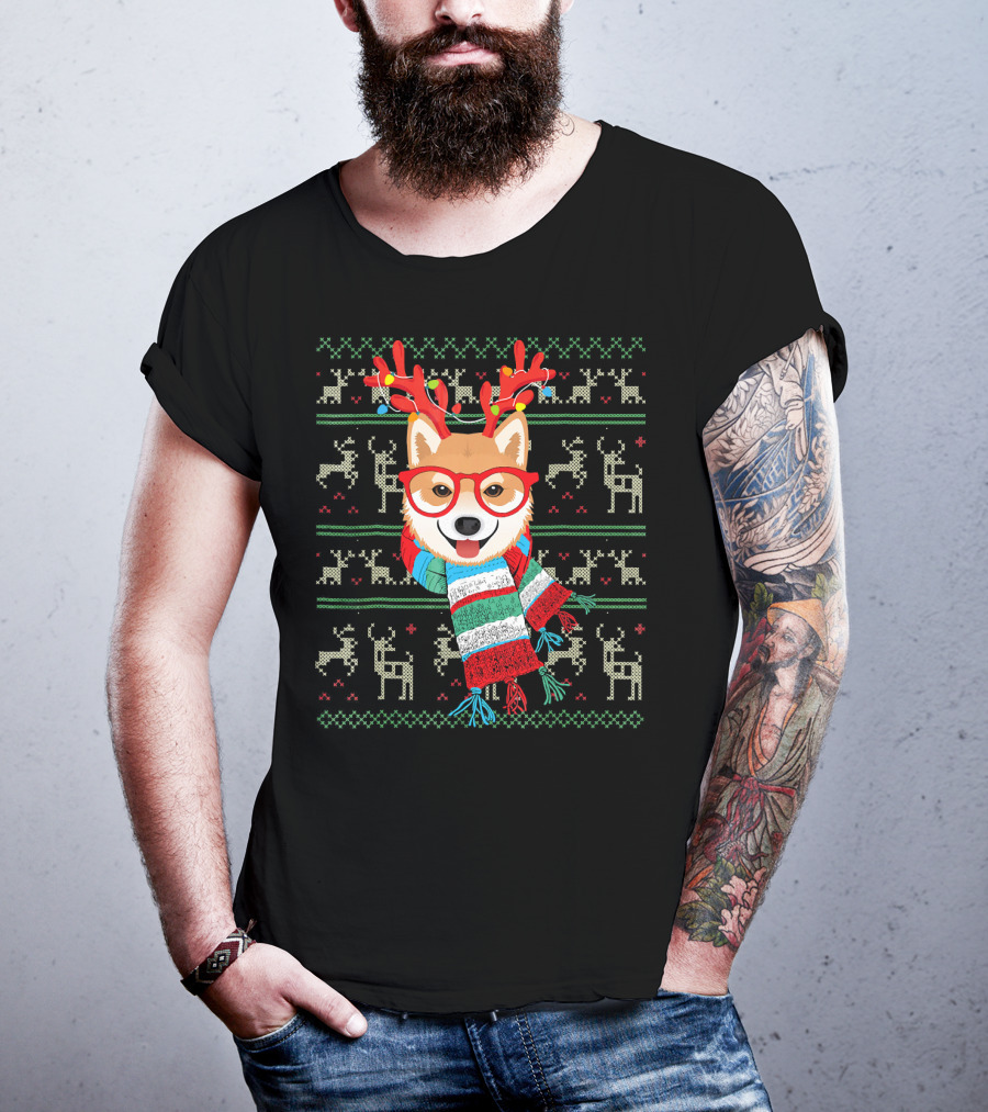 Shiba Inu With Reindeer Antlers And Festive Scarf Lights T-Shirt