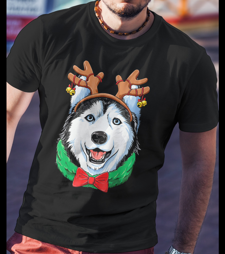 Siberian Husky With Reindeer Antlers Christmas Wreath Bow And Bells T-Shirt