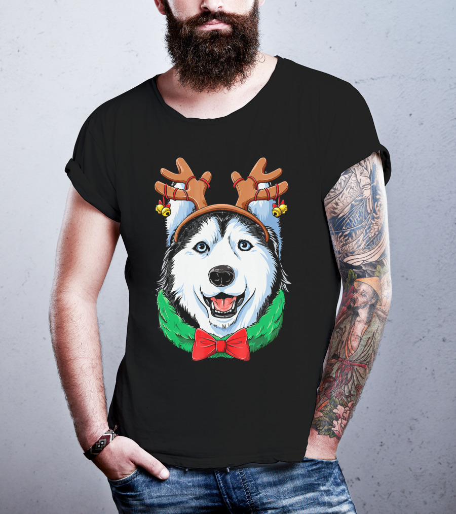 Siberian Husky With Reindeer Antlers Christmas Wreath Bow And Bells T-Shirt