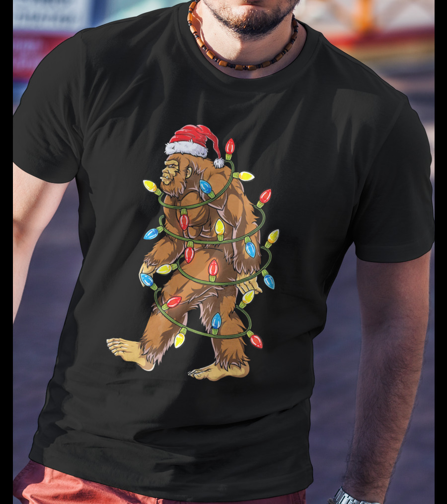 Bigfoot Santa Wrapped In Christmas Lights T-Shirt